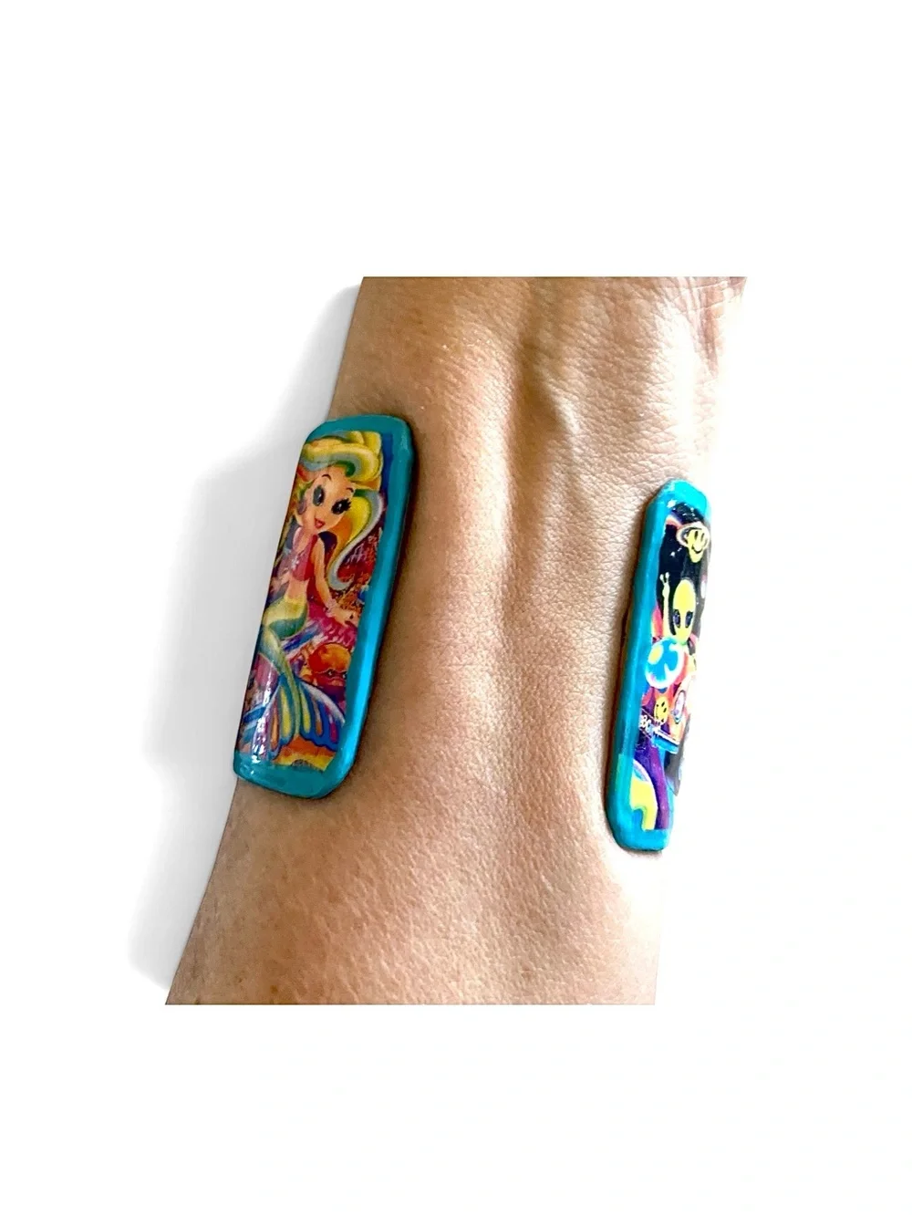 Bright and Whimsical Character Bracelet with Cute Girl and Kitten, Lips, Leopard